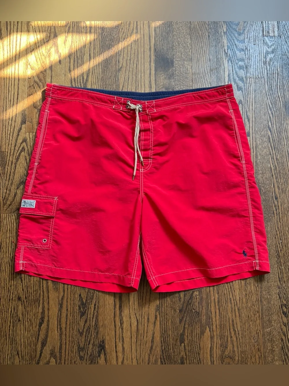 VTG Polo Ralph Lauren Red Cargo Swim Trunk Board Shorts White Stitching Mens 2XB